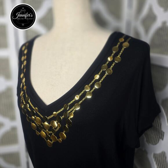 August Silk Black V Neck Embellished Gold Circle Necklace Knit Top Size Medium - Picture 2 of 10